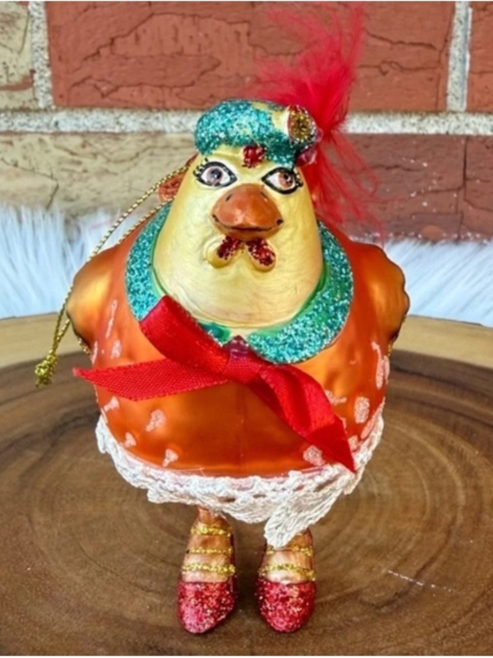Hand-Painted Orange Glittered Bird Holiday Ornament with Teal Accents